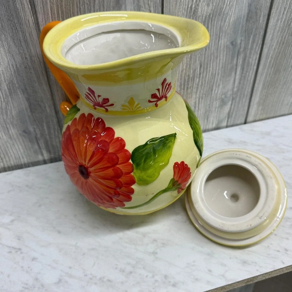 Hand Painted Ceramic Floral Pitcher with Lid Orange Flower Embossed Pottery